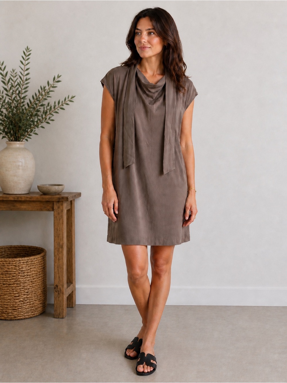 YAYA Taupe Tie Neck Minimalist Dress Size Medium Relaxed Scandinavian Style